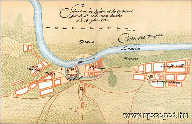 3.  kép Szeged helyzetrajza 1713-ban. (De la Croix Paitis rajzának  kisebbített hasonmása.)